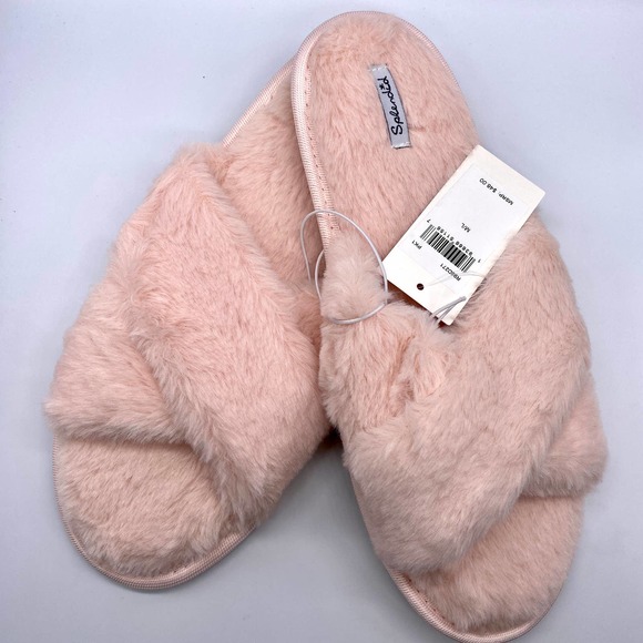 SPLENDID Fuzzy Faux Fur Slide Slippers Criss Cross Front Size M/L Pink - Picture 1 of 4